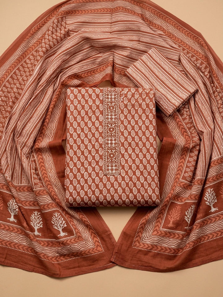 Rust Printed Cotton Blend Unstitched Suit &amp; Pant With Cotton Dupatta