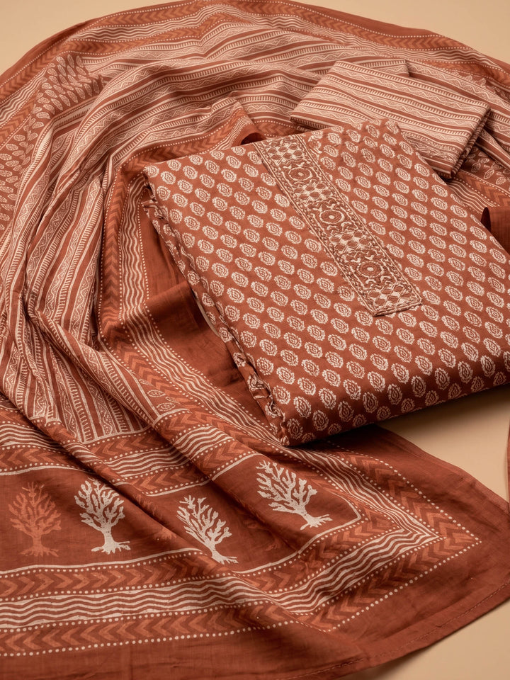 Rust Printed Cotton Blend Unstitched Suit &amp; Pant With Cotton Dupatta