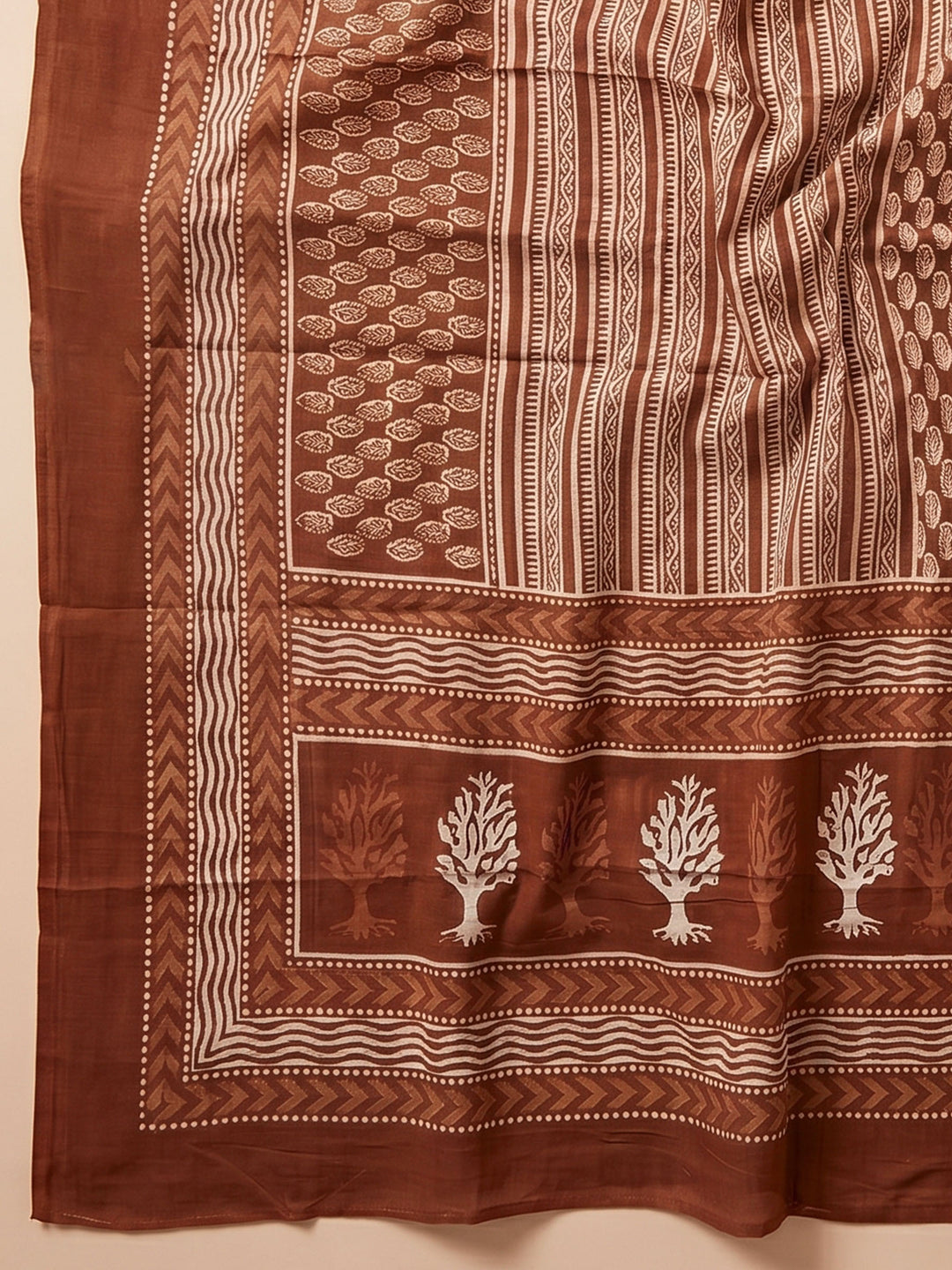 Rust Printed Cotton Blend Unstitched Suit &amp; Pant With Cotton Dupatta