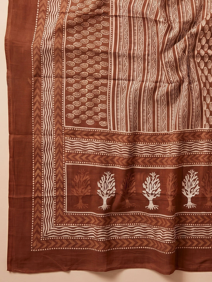 Rust Printed Cotton Blend Unstitched Suit &amp; Pant With Cotton Dupatta