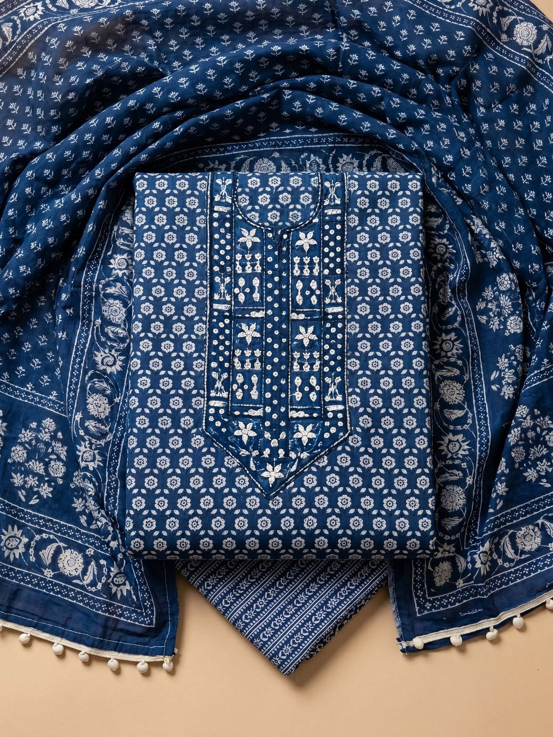 Blue Printed Cotton Blend Unstitched Suit &amp; Pant With Cotton Dupatta