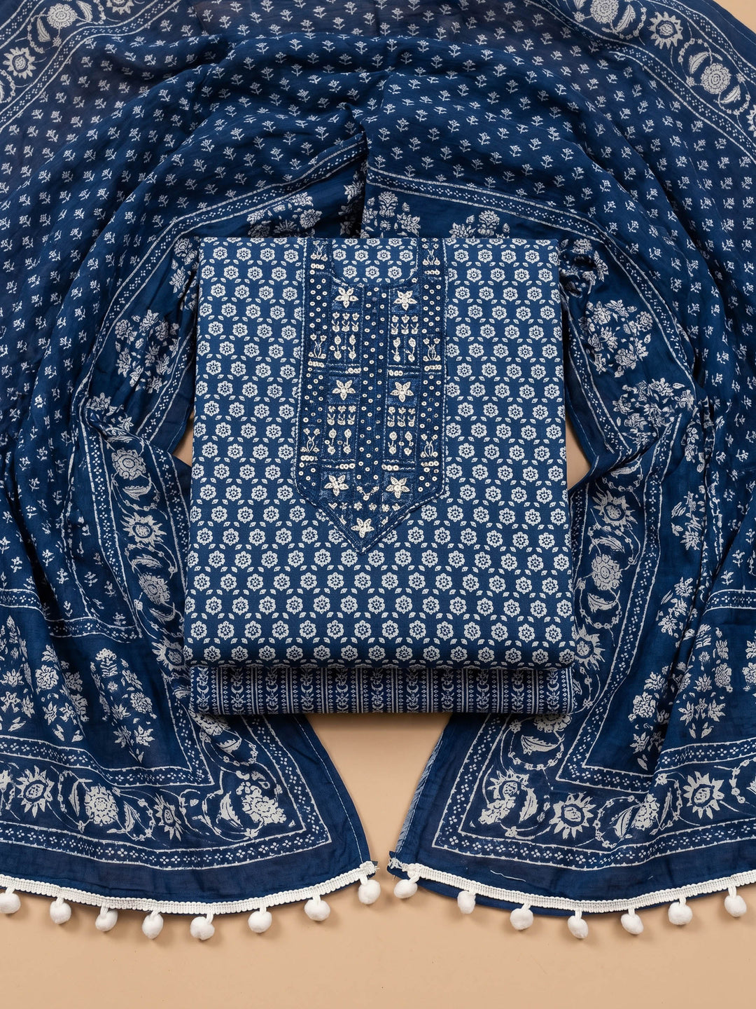 Blue Printed Cotton Blend Unstitched Suit &amp; Pant With Cotton Dupatta