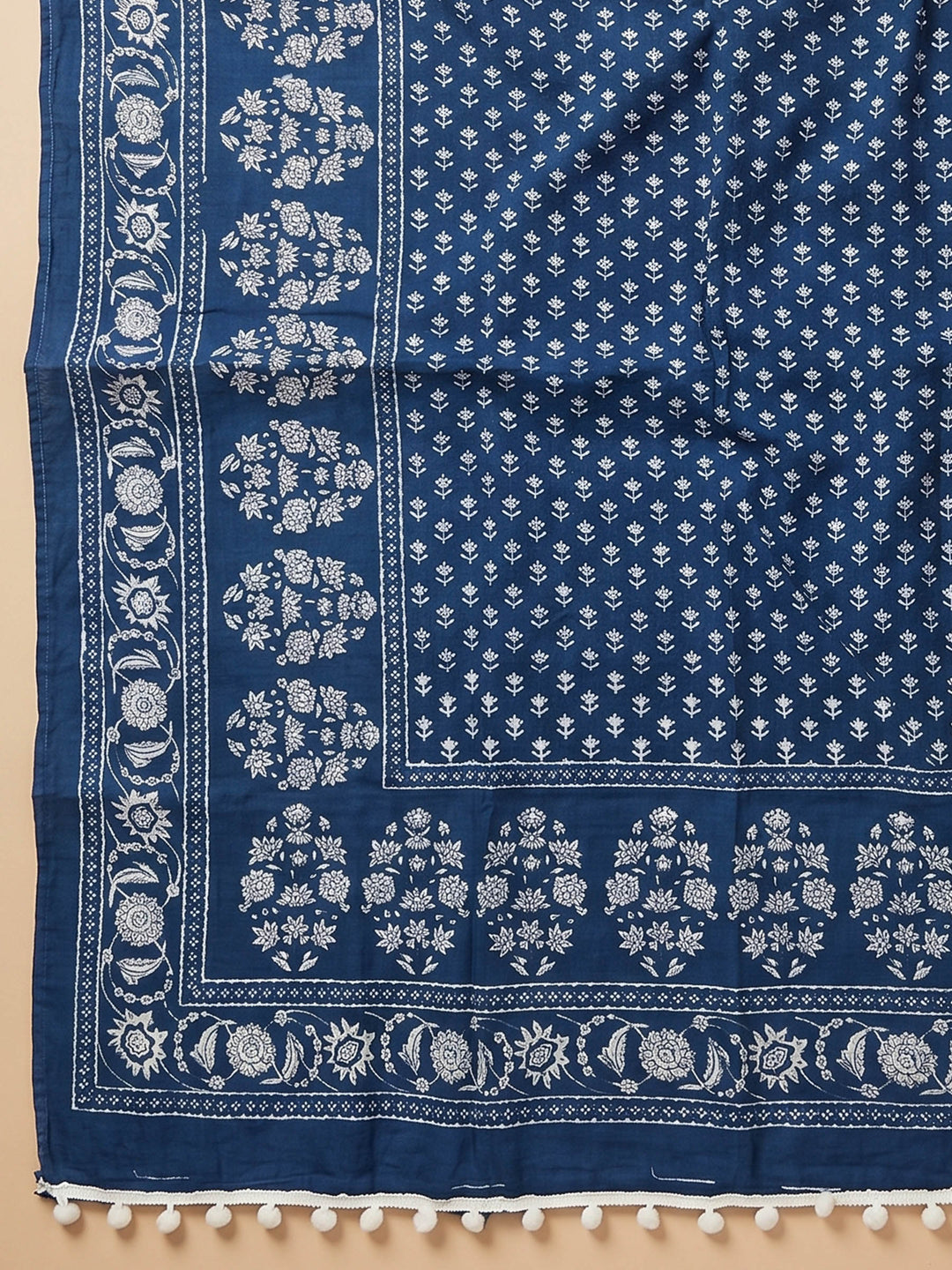 Blue Printed Cotton Blend Unstitched Suit &amp; Pant With Cotton Dupatta