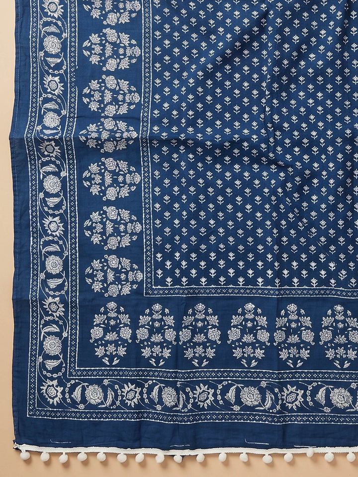 Blue Printed Cotton Blend Unstitched Suit &amp; Pant With Cotton Dupatta