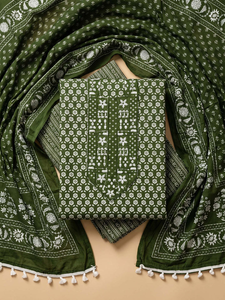 Bottle Green Printed Cotton Blend Unstitched Suit &amp; Pant With Cotton Dupatta