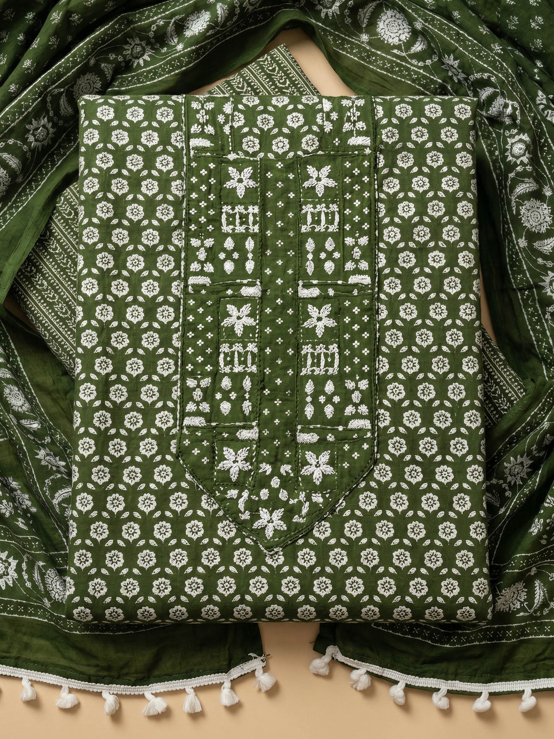 Bottle Green Printed Cotton Blend Unstitched Suit &amp; Pant With Cotton Dupatta