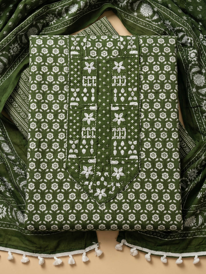 Bottle Green Printed Cotton Blend Unstitched Suit &amp; Pant With Cotton Dupatta
