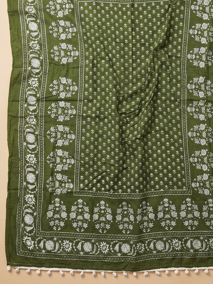 Bottle Green Printed Cotton Blend Unstitched Suit &amp; Pant With Cotton Dupatta