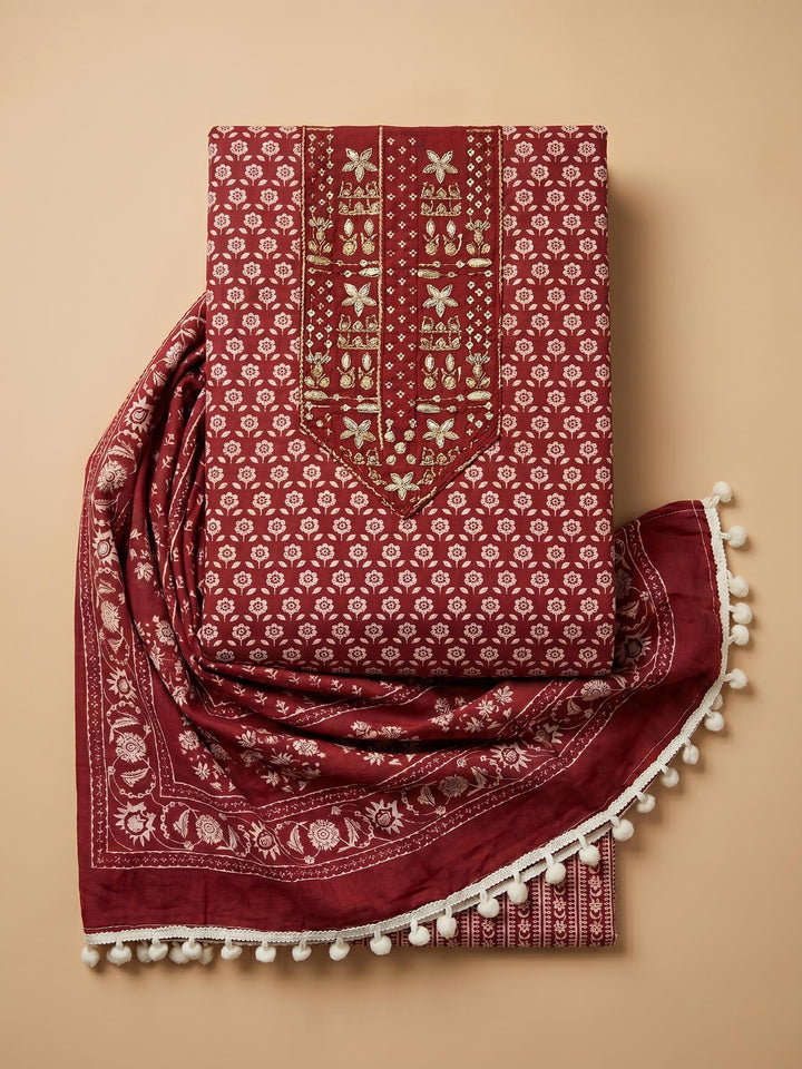 Maroon Printed Cotton Blend Unstitched Suit &amp; Pant With Cotton Dupatta
