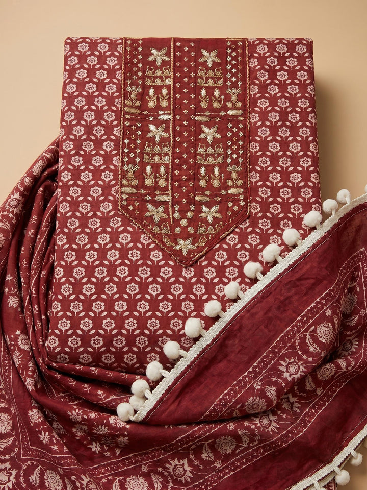 Maroon Printed Cotton Blend Unstitched Suit &amp; Pant With Cotton Dupatta