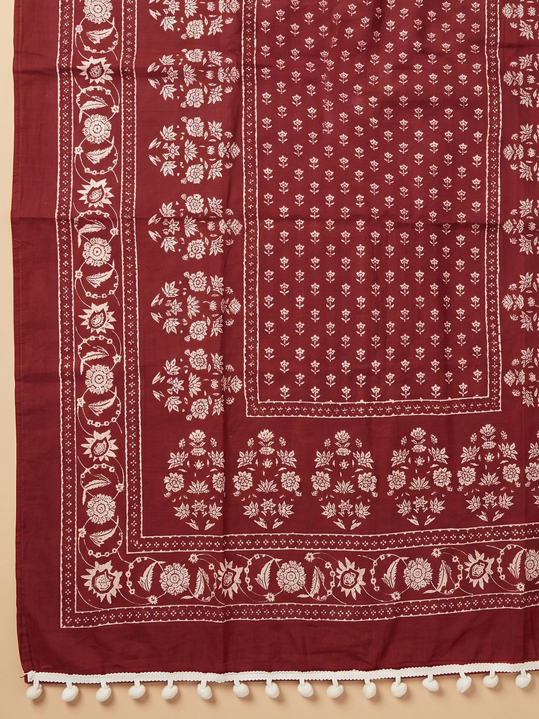 Maroon Printed Cotton Blend Unstitched Suit &amp; Pant With Cotton Dupatta