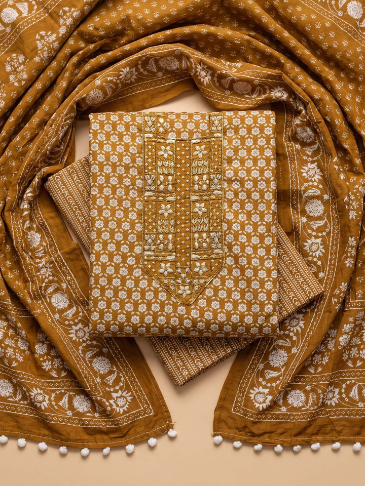 Rust Printed Cotton Blend Unstitched Suit &amp; Pant With Cotton Dupatta