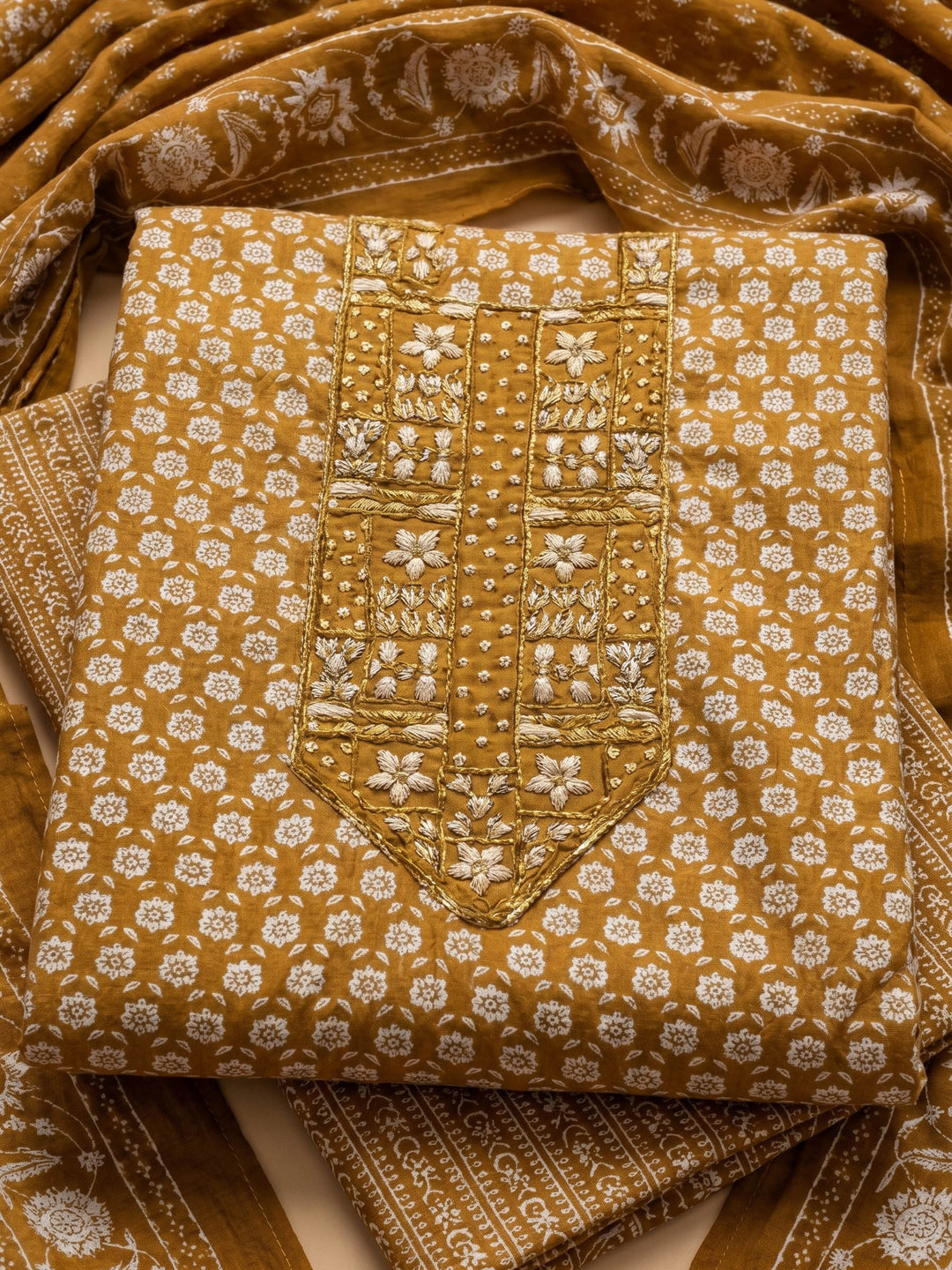Rust Printed Cotton Blend Unstitched Suit &amp; Pant With Cotton Dupatta