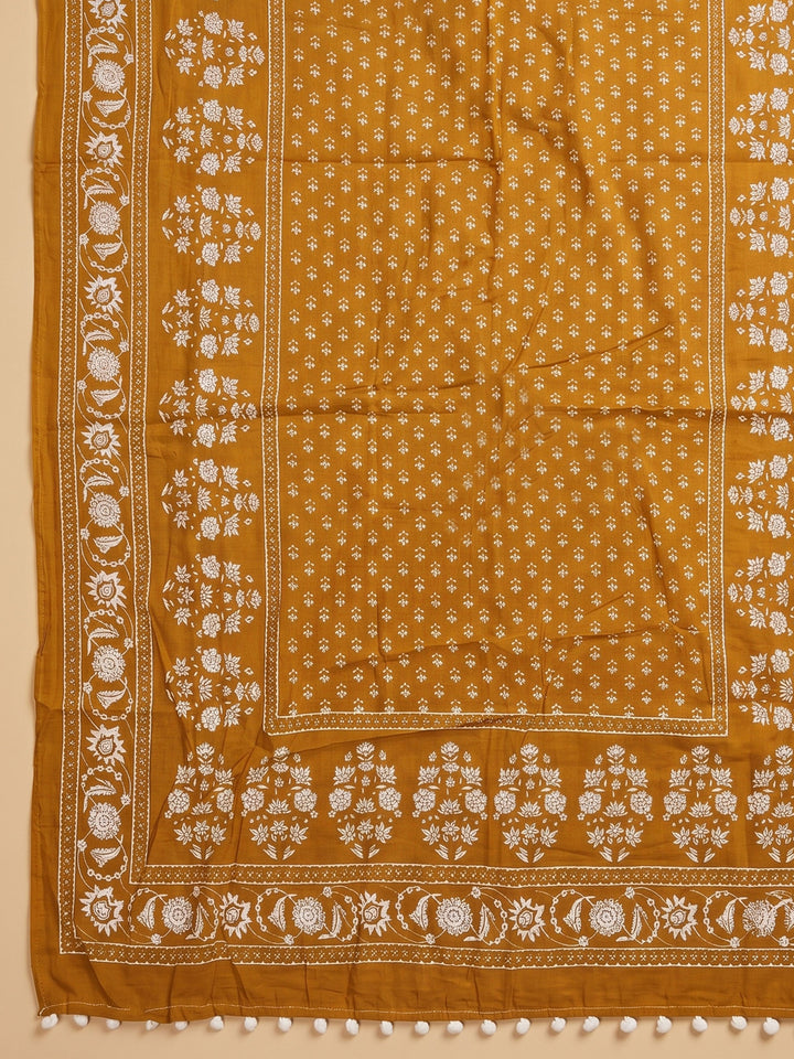 Rust Printed Cotton Blend Unstitched Suit &amp; Pant With Cotton Dupatta