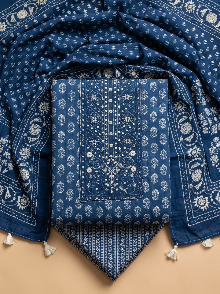 Blue Printed Cotton Blend Unstitched Suit &amp; Pant With Cotton Dupatta