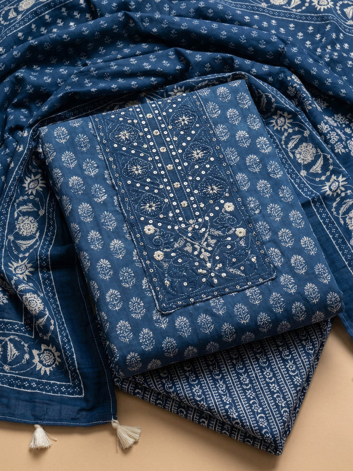 Blue Printed Cotton Blend Unstitched Suit &amp; Pant With Cotton Dupatta