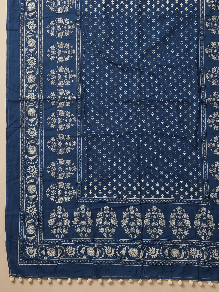 Blue Printed Cotton Blend Unstitched Suit &amp; Pant With Cotton Dupatta
