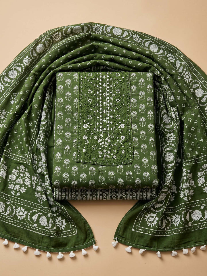 Bottle Green Printed Cotton Blend Unstitched Suit &amp; Pant With Cotton Dupatta