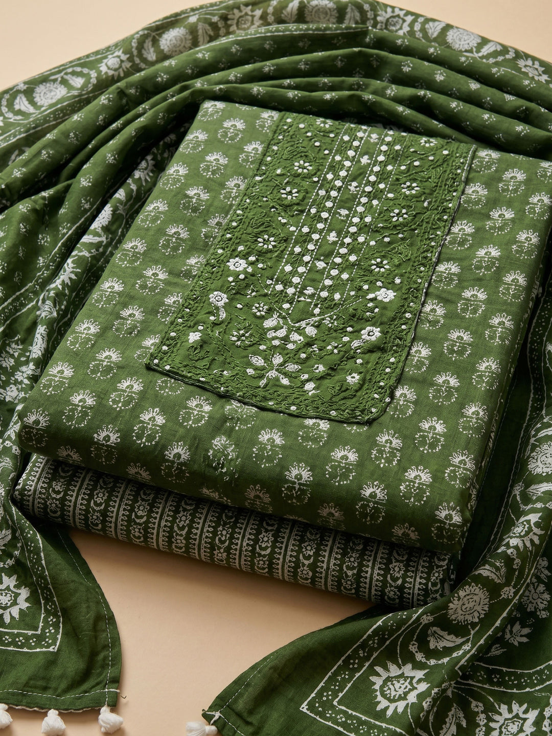 Bottle Green Printed Cotton Blend Unstitched Suit &amp; Pant With Cotton Dupatta