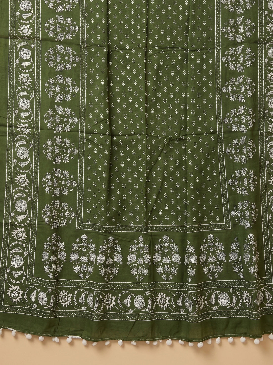 Bottle Green Printed Cotton Blend Unstitched Suit &amp; Pant With Cotton Dupatta