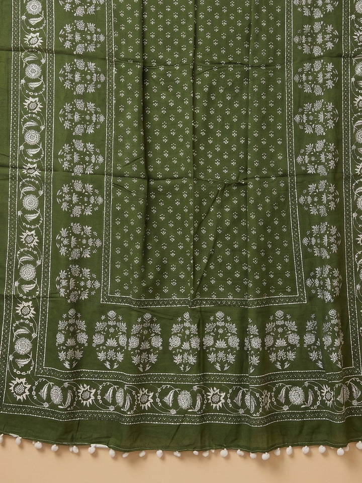 Bottle Green Printed Cotton Blend Unstitched Suit &amp; Pant With Cotton Dupatta