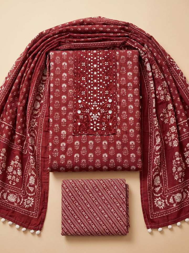 Maroon Printed Cotton Blend Unstitched Suit &amp; Pant With Cotton Dupatta