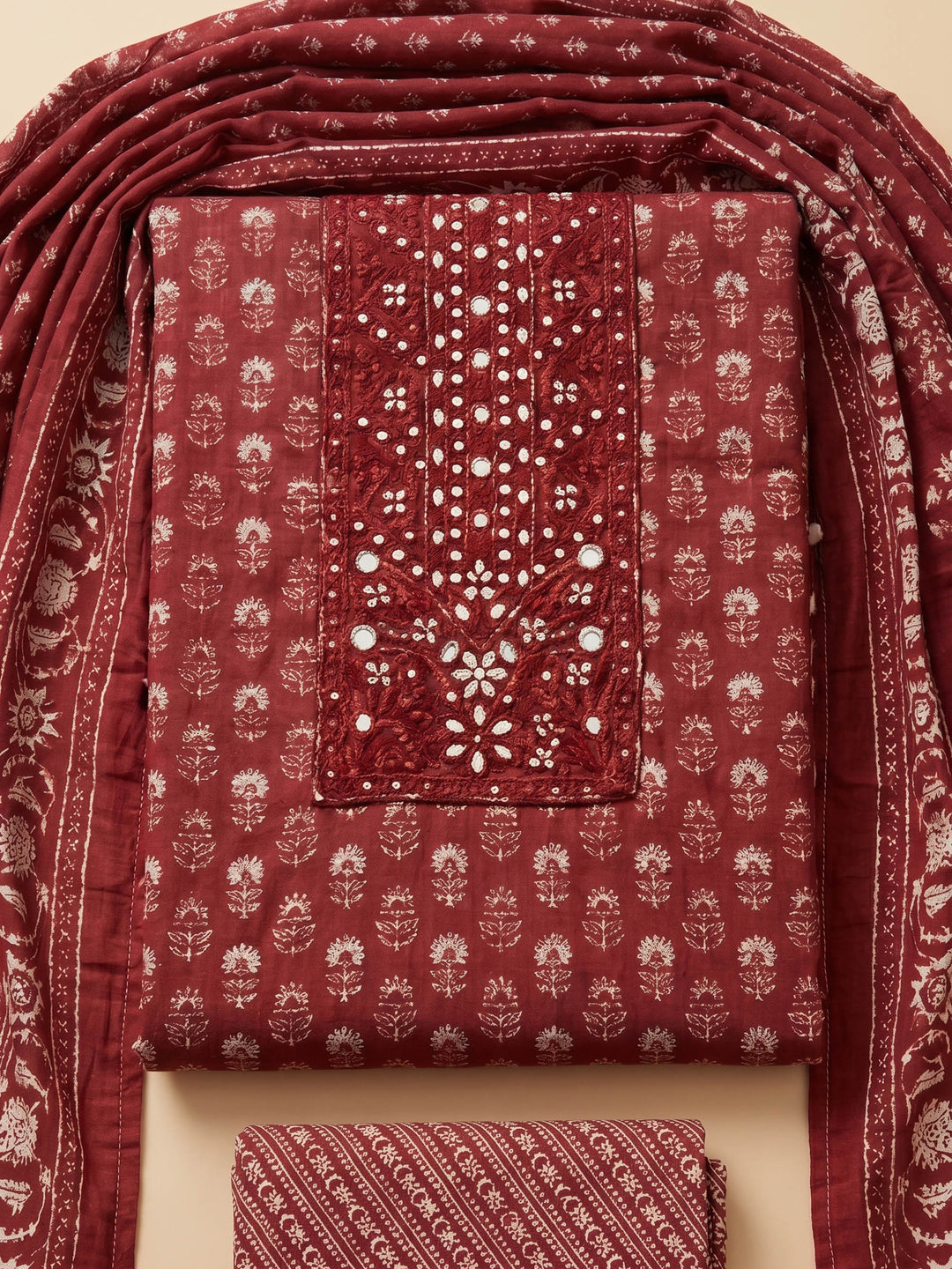 Maroon Printed Cotton Blend Unstitched Suit &amp; Pant With Cotton Dupatta