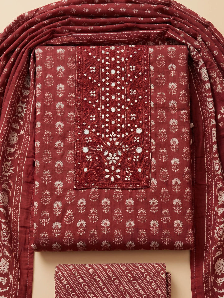Maroon Printed Cotton Blend Unstitched Suit &amp; Pant With Cotton Dupatta