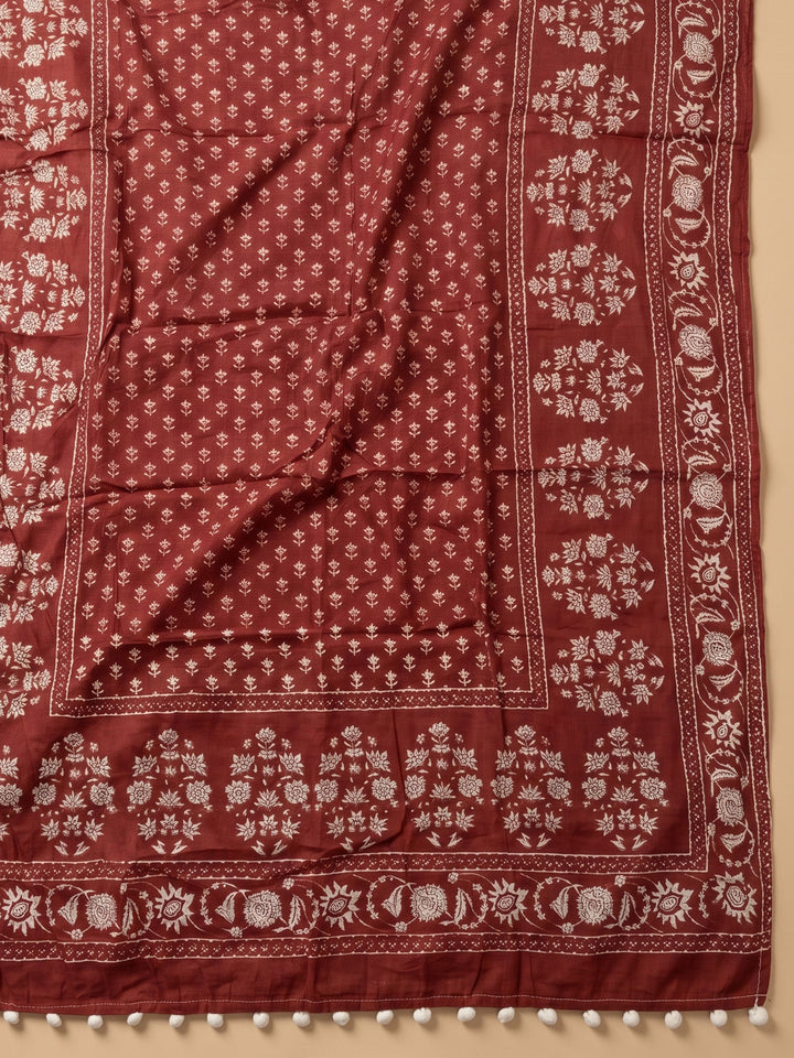 Maroon Printed Cotton Blend Unstitched Suit &amp; Pant With Cotton Dupatta