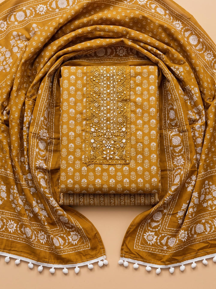 Rust Printed Cotton Blend Unstitched Suit &amp; Pant With Cotton Dupatta