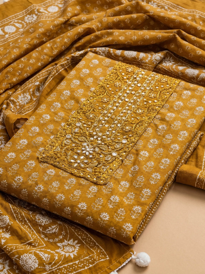 Rust Printed Cotton Blend Unstitched Suit &amp; Pant With Cotton Dupatta