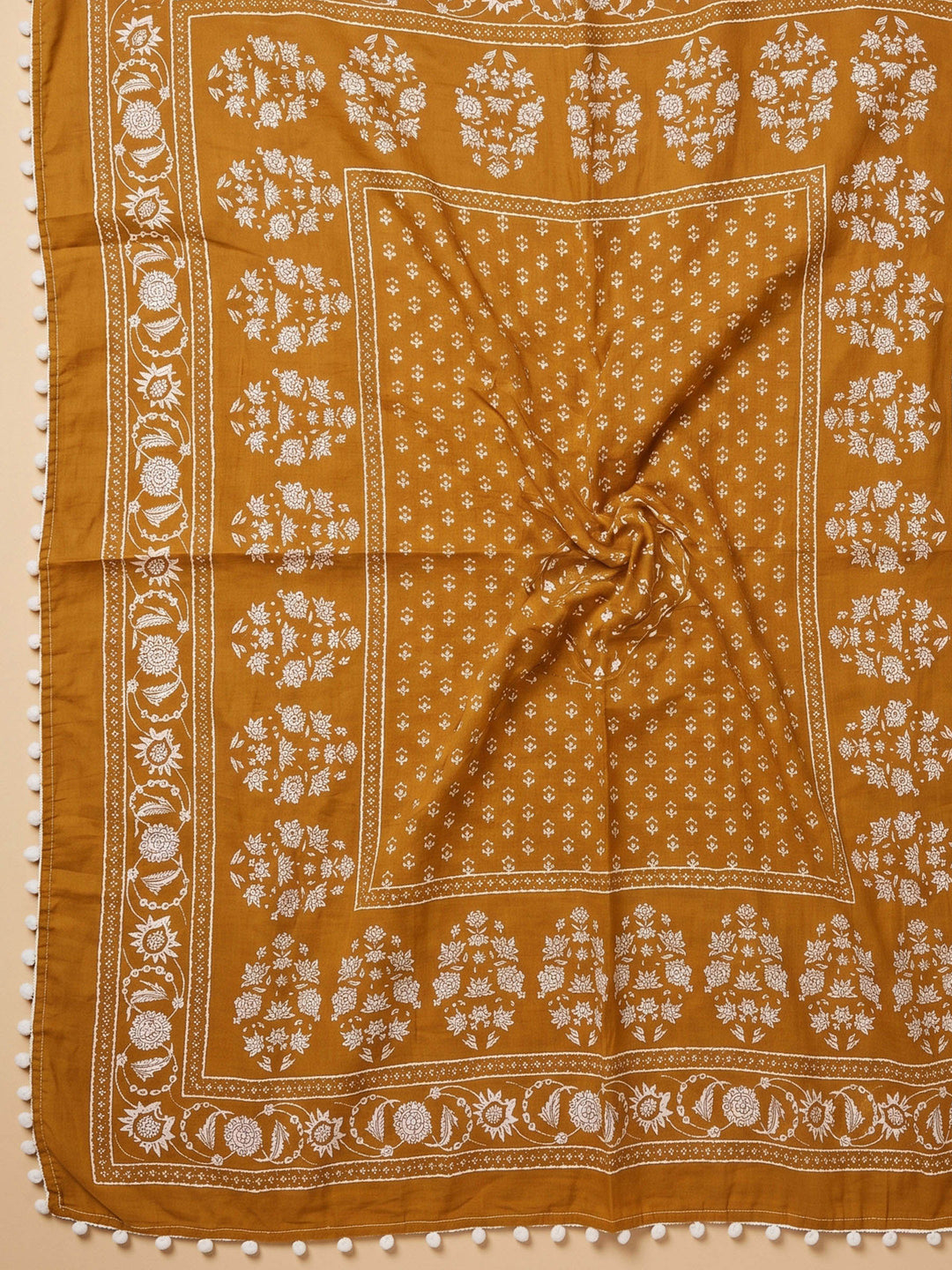 Rust Printed Cotton Blend Unstitched Suit &amp; Pant With Cotton Dupatta