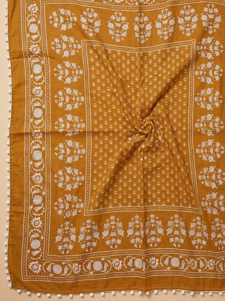 Rust Printed Cotton Blend Unstitched Suit &amp; Pant With Cotton Dupatta