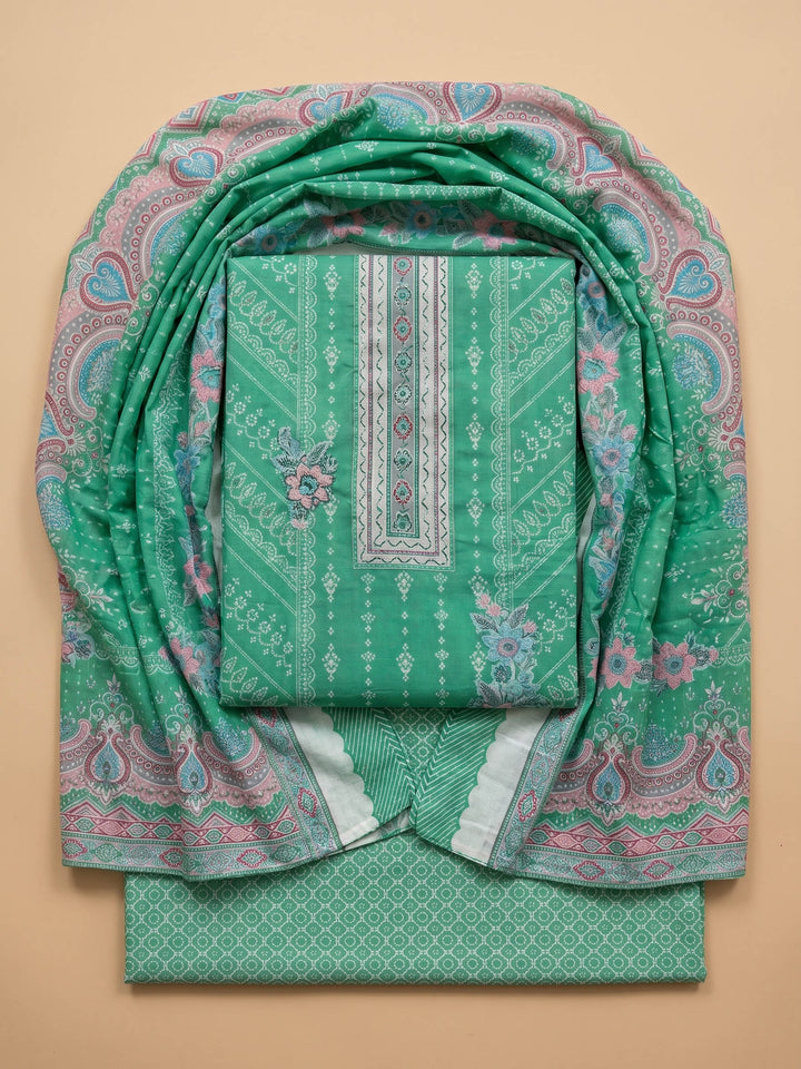 Green Printed Cotton Blend Unstitched Suit &amp; Pant With Cotton Dupatta