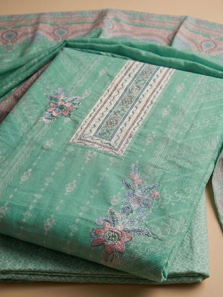 Green Printed Cotton Blend Unstitched Suit &amp; Pant With Cotton Dupatta