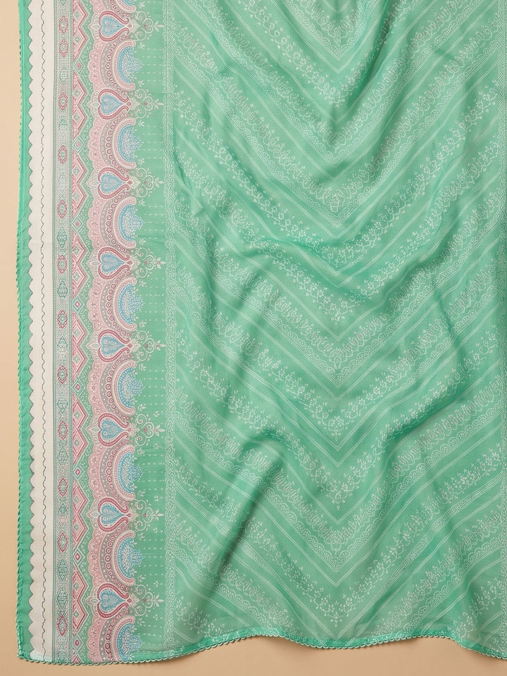Green Printed Cotton Blend Unstitched Suit &amp; Pant With Cotton Dupatta