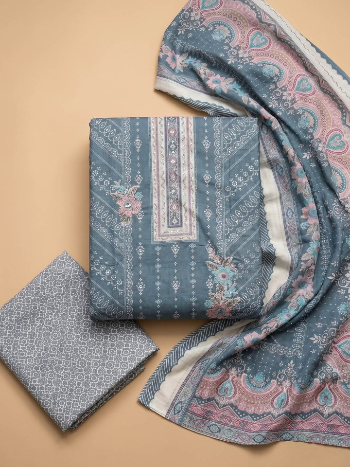 Grey Printed Cotton Blend Unstitched Suit &amp; Pant With Cotton Dupatta