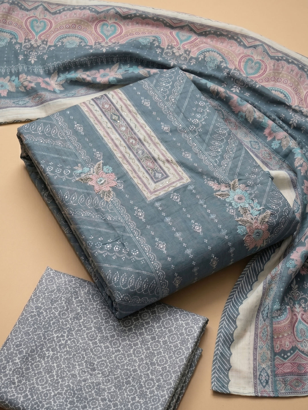 Grey Printed Cotton Blend Unstitched Suit &amp; Pant With Cotton Dupatta