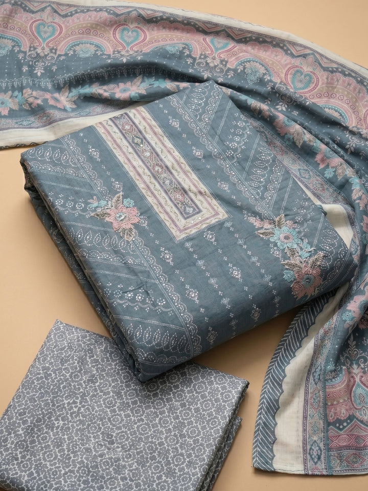 Grey Printed Cotton Blend Unstitched Suit &amp; Pant With Cotton Dupatta