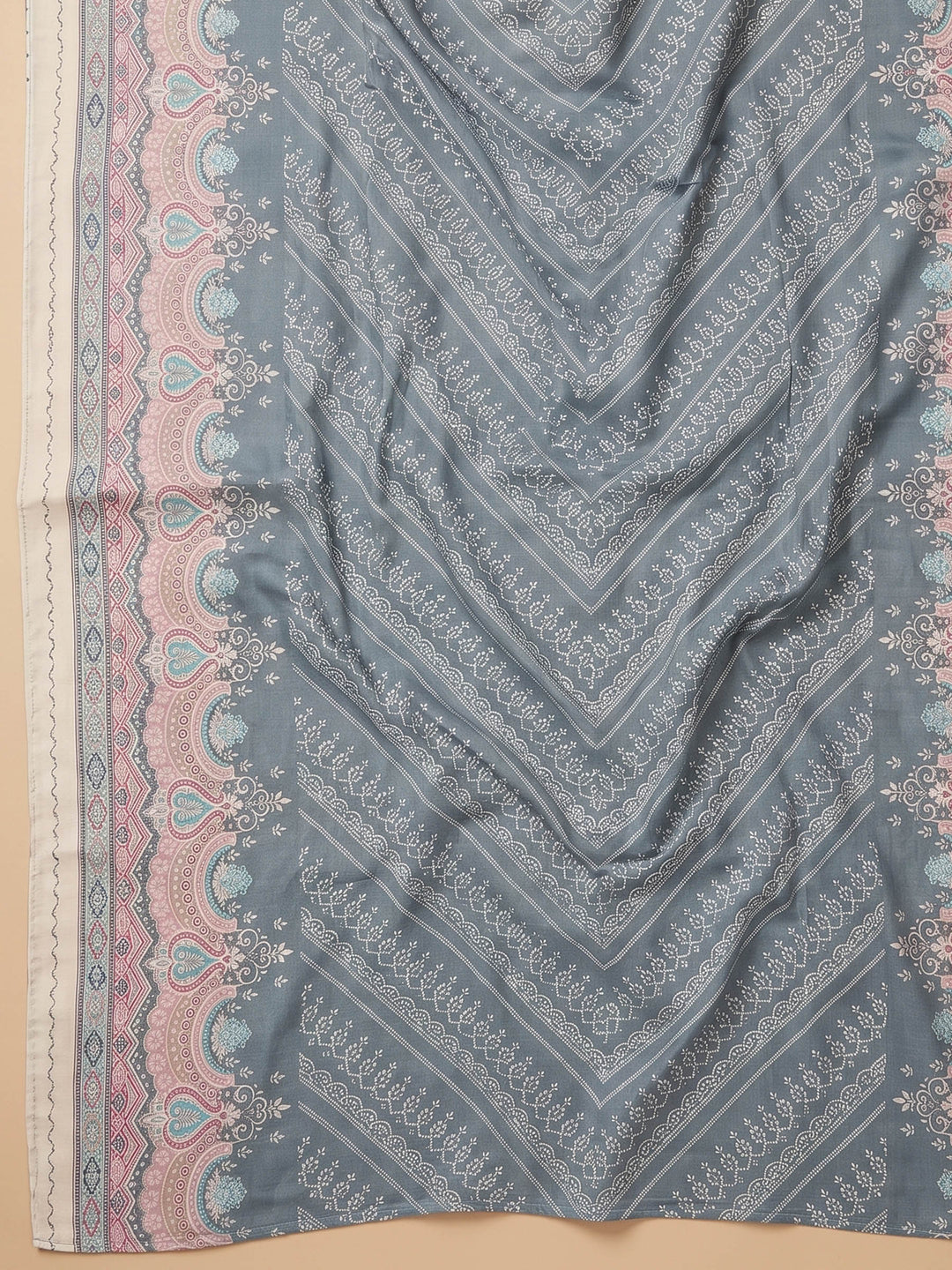 Grey Printed Cotton Blend Unstitched Suit &amp; Pant With Cotton Dupatta