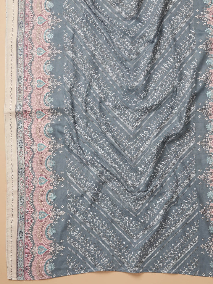 Grey Printed Cotton Blend Unstitched Suit &amp; Pant With Cotton Dupatta
