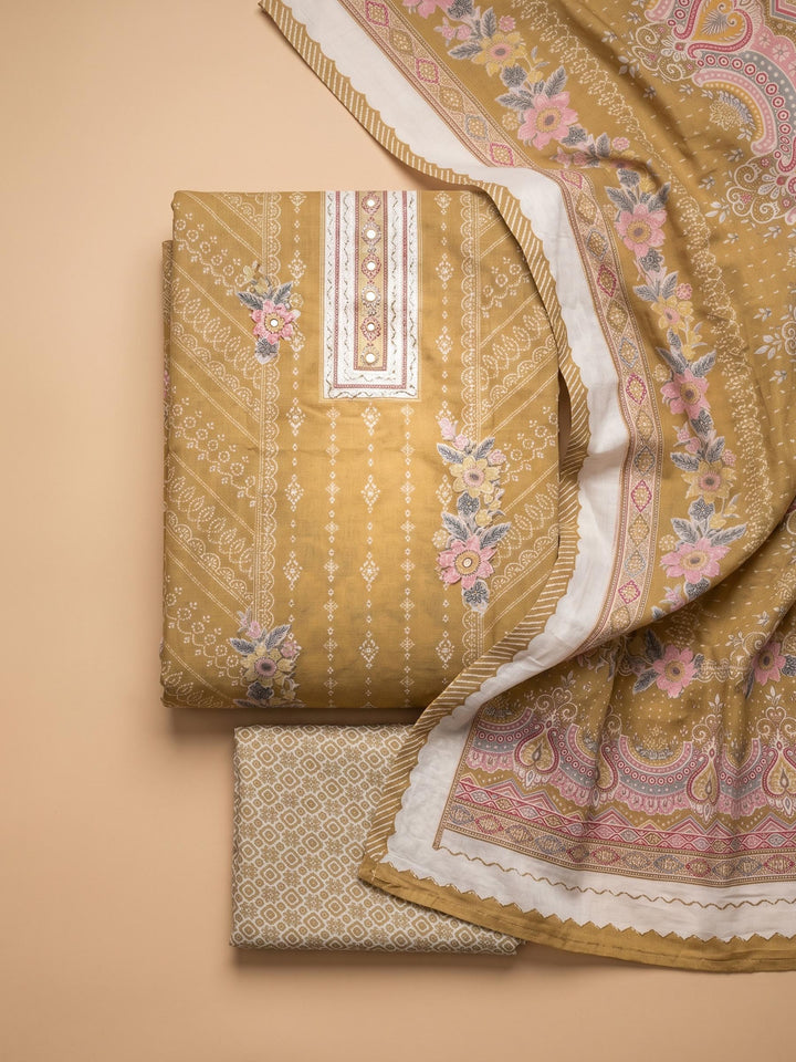 Mehndi Printed Cotton Blend Unstitched Suit &amp; Pant With Cotton Dupatta