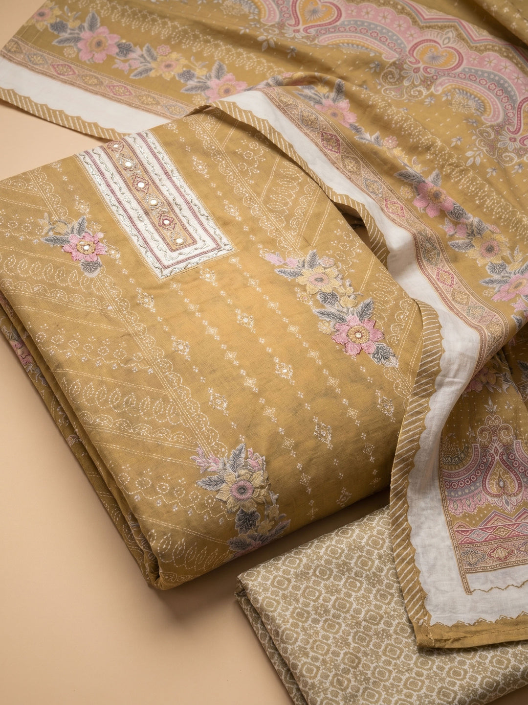 Mehndi Printed Cotton Blend Unstitched Suit &amp; Pant With Cotton Dupatta