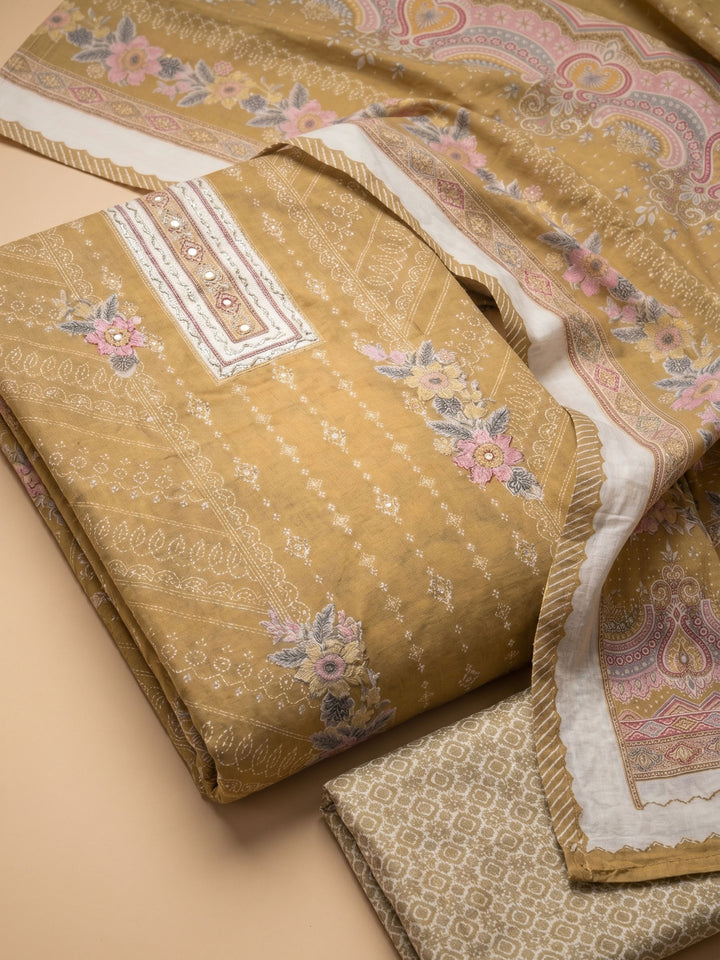 Mehndi Printed Cotton Blend Unstitched Suit &amp; Pant With Cotton Dupatta