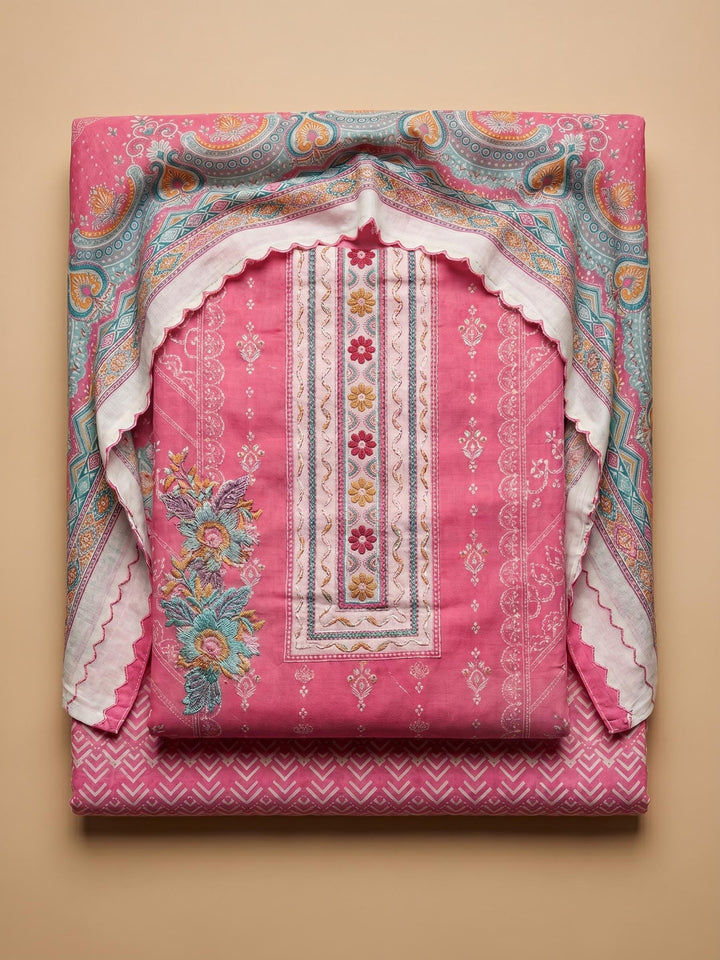 Pink Printed Cotton Blend Unstitched Suit &amp; Pant With Cotton Dupatta