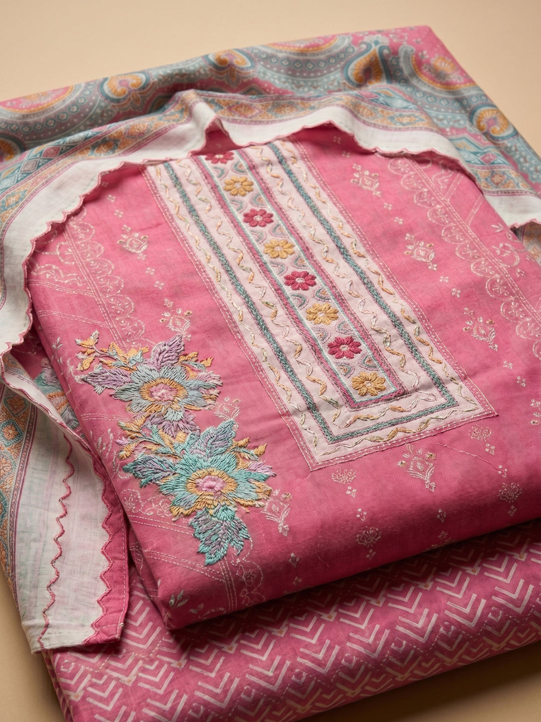 Pink Printed Cotton Blend Unstitched Suit &amp; Pant With Cotton Dupatta