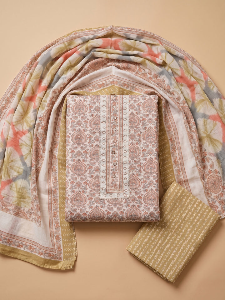 Brown Printed Cotton Blend Unstitched Suit &amp; Pant With Cotton Dupatta