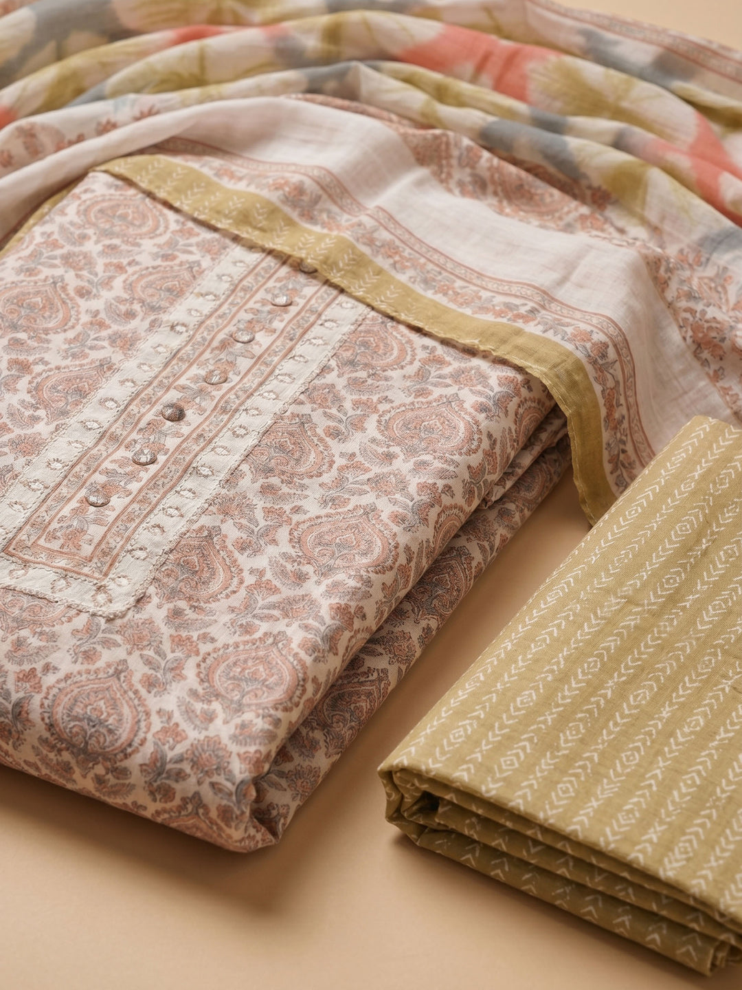 Brown Printed Cotton Blend Unstitched Suit &amp; Pant With Cotton Dupatta