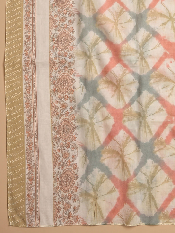Brown Printed Cotton Blend Unstitched Suit &amp; Pant With Cotton Dupatta
