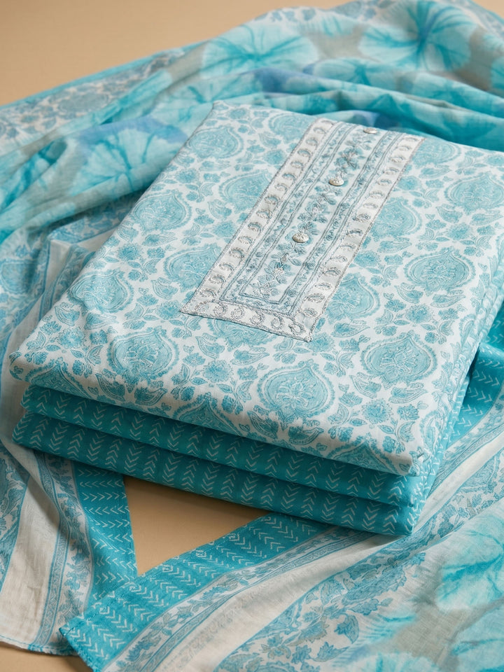 Firozee Printed Cotton Blend Unstitched Suit &amp; Pant With Cotton Dupatta